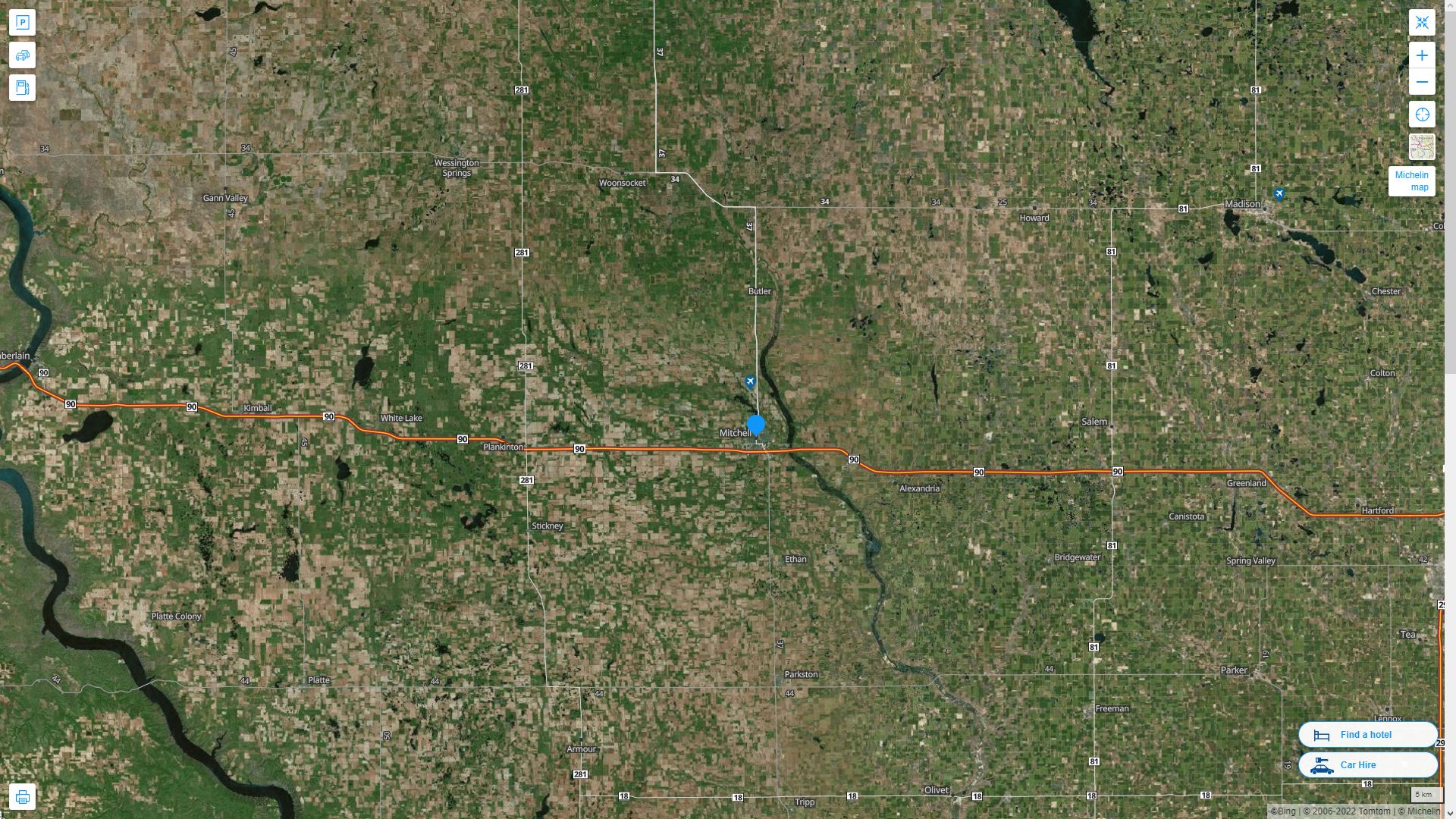 Mitchell South Dakota Highway and Road Map with Satellite View